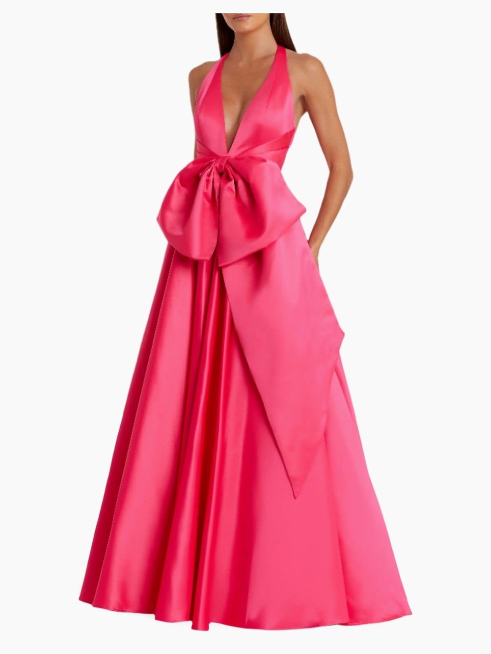 Mac Duggal Plunge Halter Bow-Front Satin Gown in Hot Pink